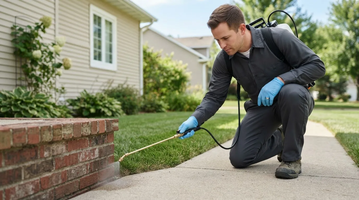 Pest control technician treating a home near Waldoboro, ME