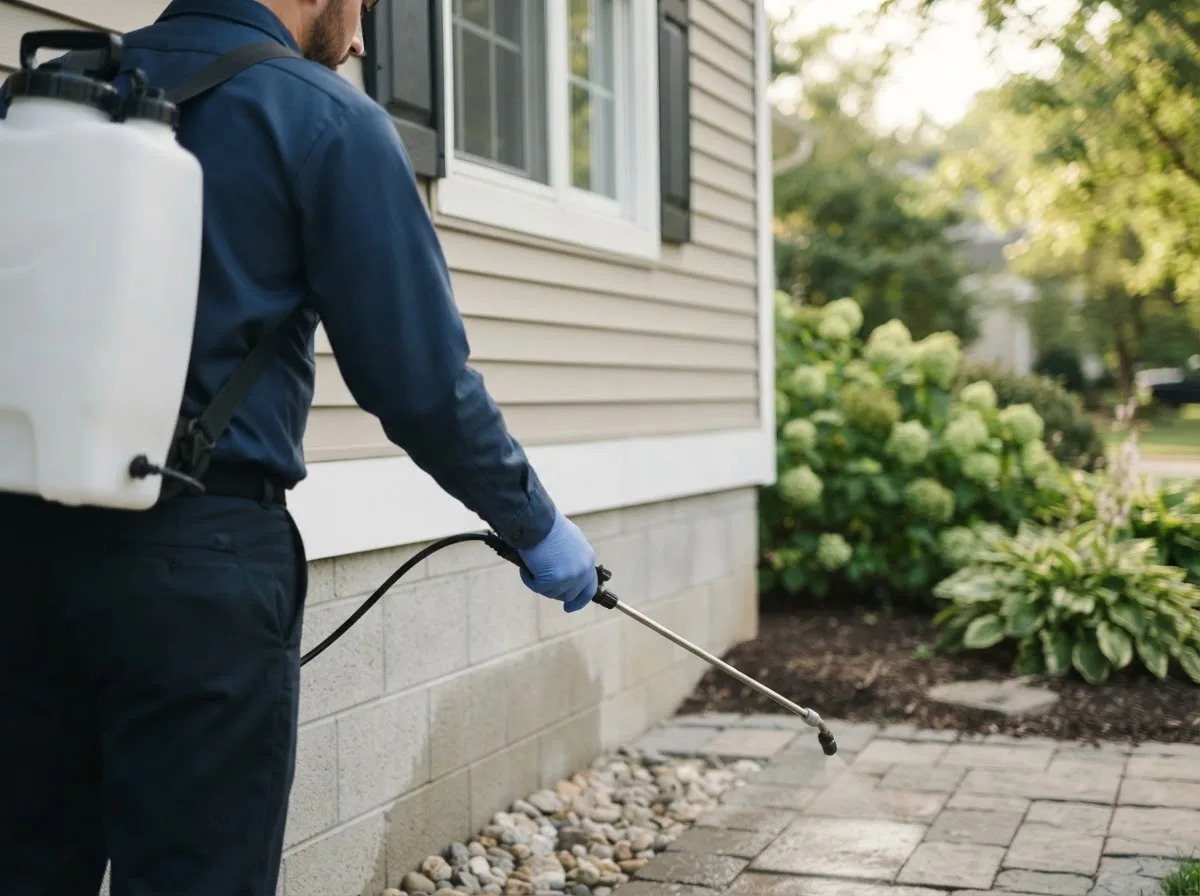 Pest control technician inspecting a home in Waldoboro, ME